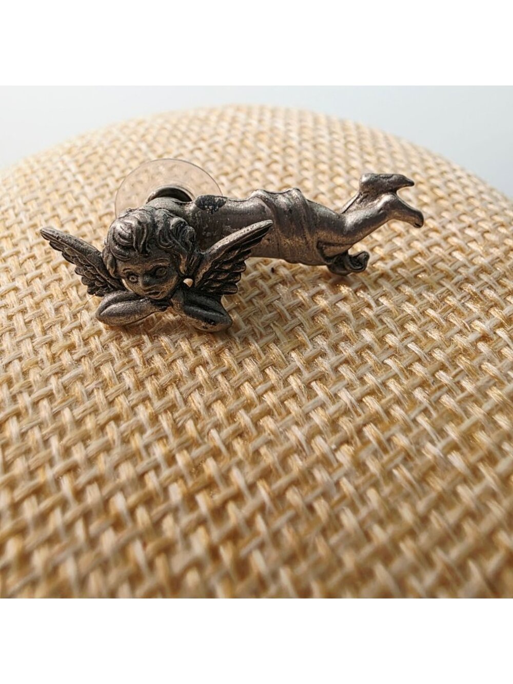Vtg Swivel Angel Cherub Head Pewter JJ Marked Button Pin Brooch